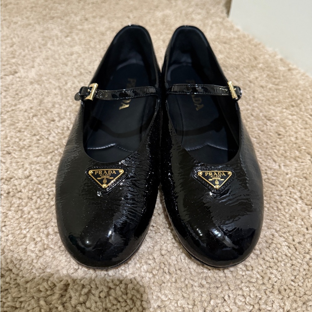 Prada Women's Ballerina Black Patent Leather Shoes